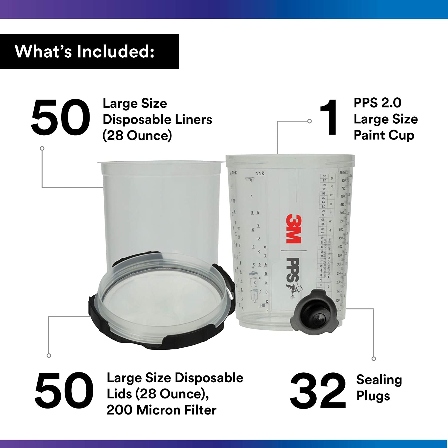 Set 50 pahare de vopsea cu capace pps 2.0 26024, 850 ml, cana mixare, filtru 200 microni, cu 32 dopuri