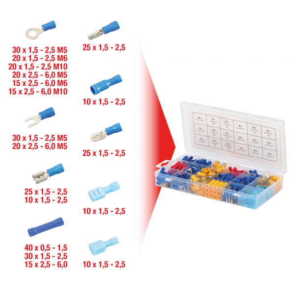 Set 360 conectori electrici , rosu 0.5-1.5 mmp, albastru 1.5-2.5 mmp, galben 2.5-6.0 mmp, cutie plastic