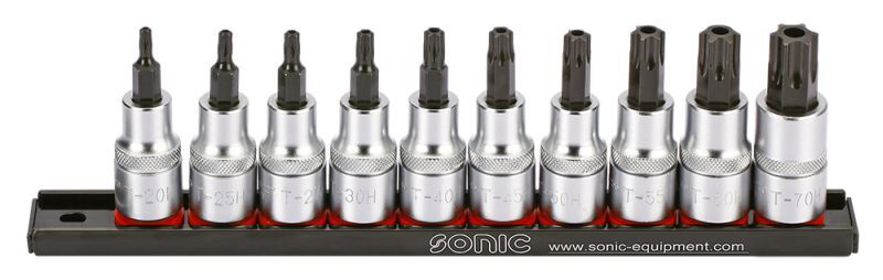 Set 10 biti cu soclu tubular , profil torx tamper, prindere 1/2 inch, dimensiuni t20h, t25h, t27h, t30h, t40h, t45h, t50h, t55h, t60h, t70h