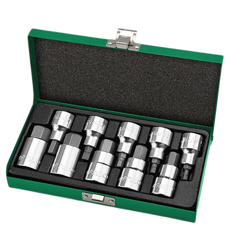 Trusa 10 biti insurubare , prindere hex 1/2 inch, deschidere chei 4, 5, 6, 7, 8, 10, 12, 14, 17, 19 mm, satinat, cutie metalica